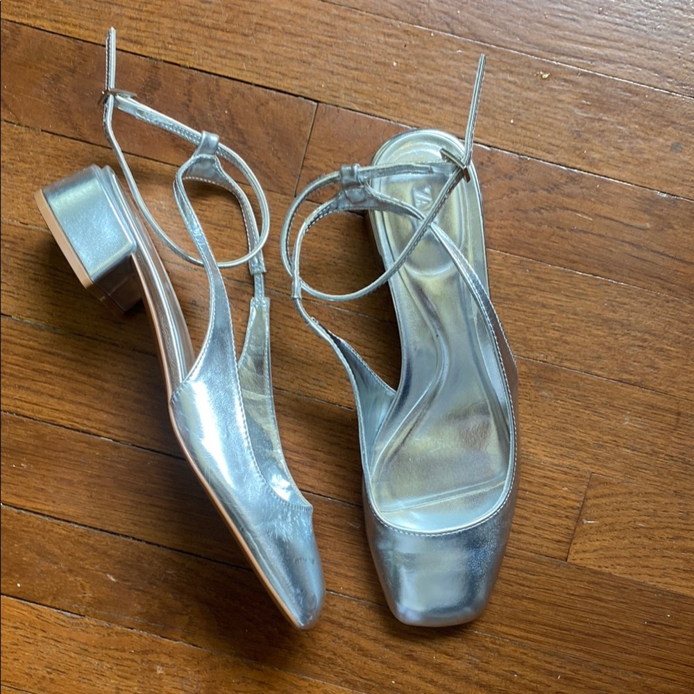 Silver Block Heel Slingback Sandals